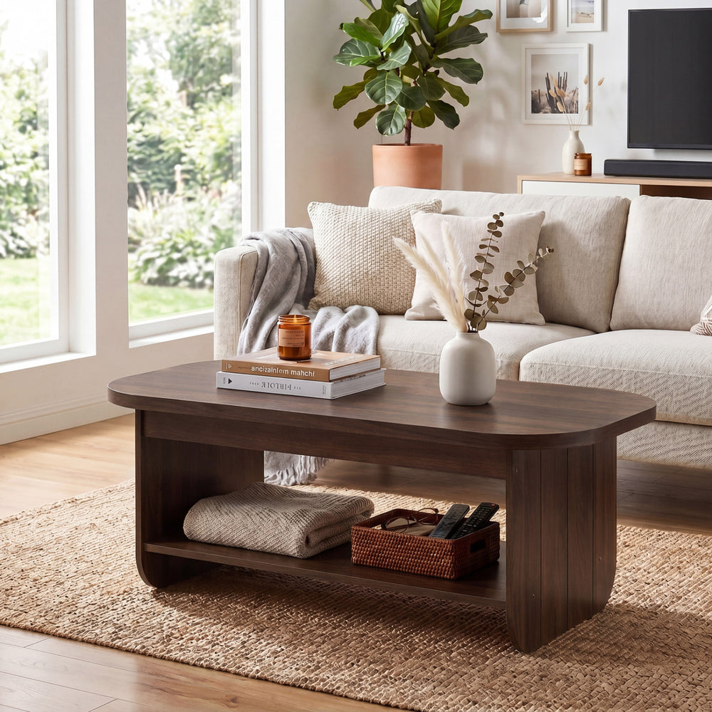 2-Tier Oval Coffee Table for Living Room Mid Century Center Table with Bottom Storage Shelf-Walnut - Gallery View 1 of 11