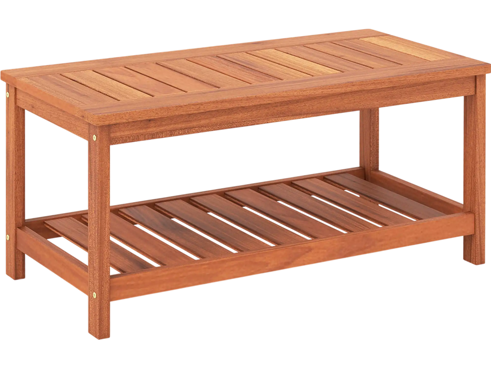 2-Tier Patio Coffee Table with Slatted Tabletop and Shelf