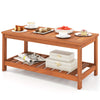 2-tier patio coffee table in solid wood with slatted tabletop and shelf, perfect for indoor or outdoor use.