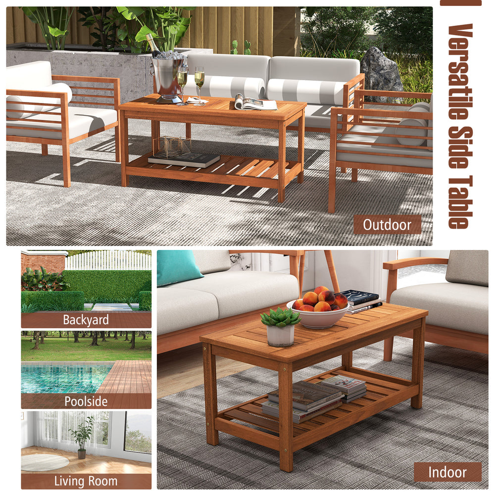 2-tier patio coffee table featuring a natural wood finish and bottom shelf, ideal for stylish indoor and outdoor.