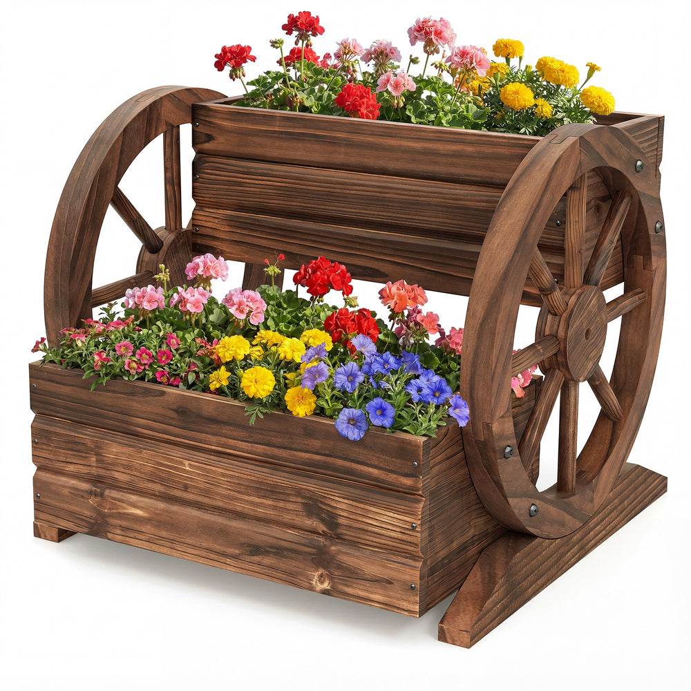 2-tier rustic wood wagon-shaped garden bed with drainage holes, featuring vibrant flowers for decorative outdoor.