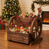 Rustic wood wagon-shaped 2-tier planter box with drainage holes, perfect for displaying seasonal decorations.