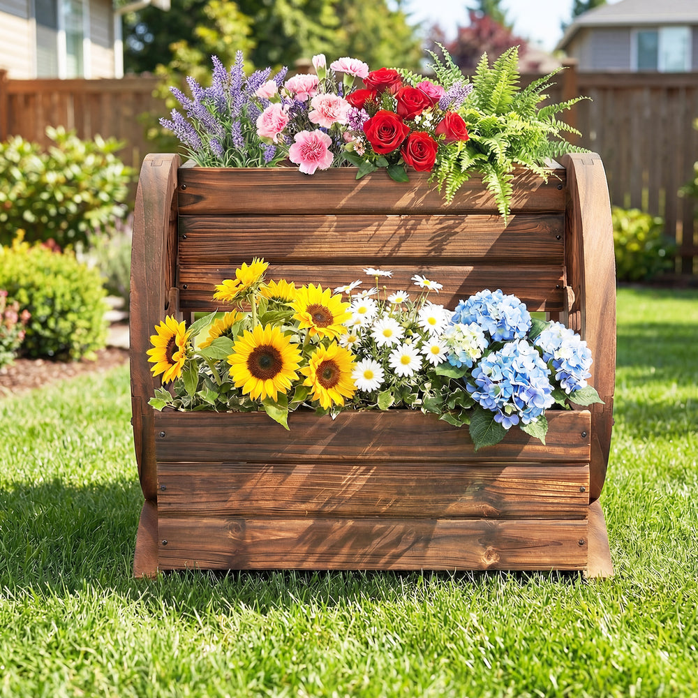 2-tier rustic wood garden bed in wagon shape with drainage holes, showcasing vibrant flowers for outdoor decor.
