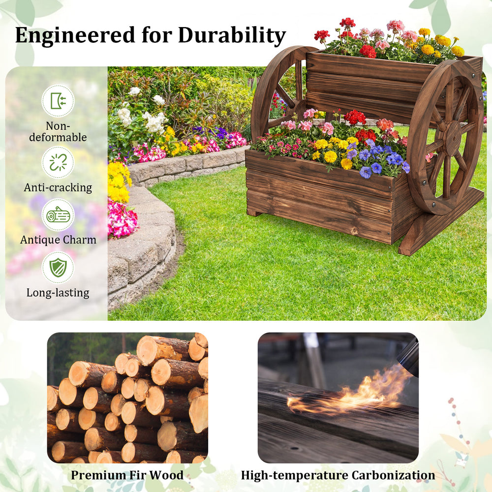 Rustic 2-tier raised garden bed in wagon shape, crafted from premium fir wood, perfect for displaying flowers outdoors.