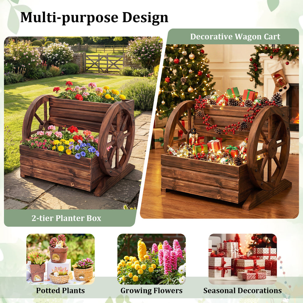2-tier rustic wood wagon planter box with drainage holes, perfect for growing flowers or displaying potted plants.