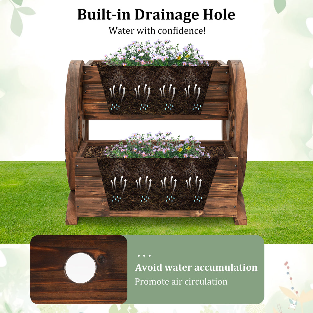 2-tier rustic wood wagon-shaped garden bed with drainage holes, perfect for growing flowers and enhancing outdoor decor.