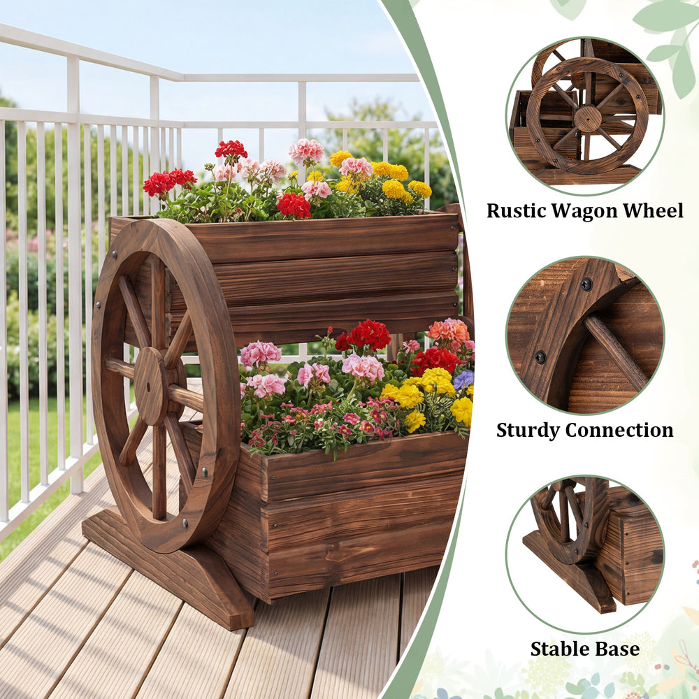 2-tier rustic wood wagon-shaped garden bed with drainage holes, perfect for flowers and potted plants on your balcony.
