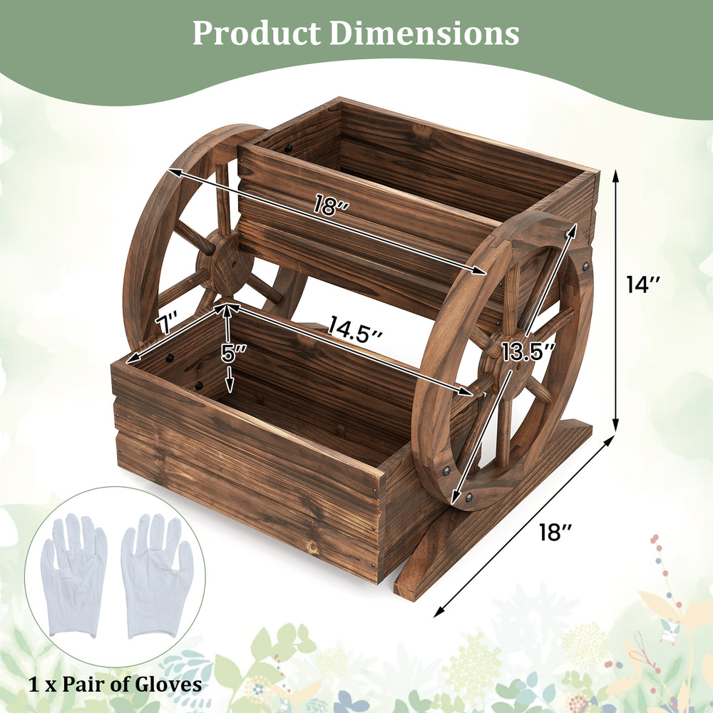 2-tier rustic wood wagon-shaped garden bed with drainage holes, perfect for flowers or potted plants, 18" wide.