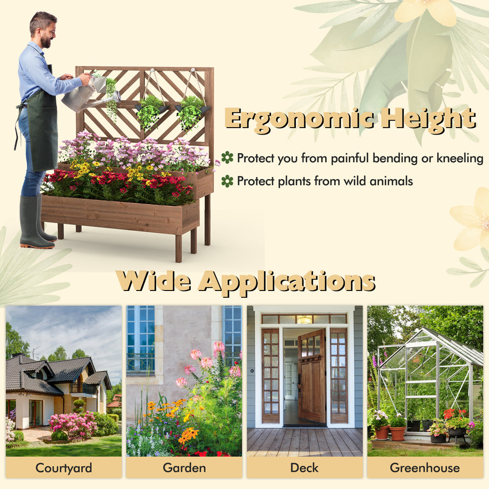 2-tier raised garden bed with trellis in brown, made of sturdy fir wood, ideal for growing climbing plants outdoors.