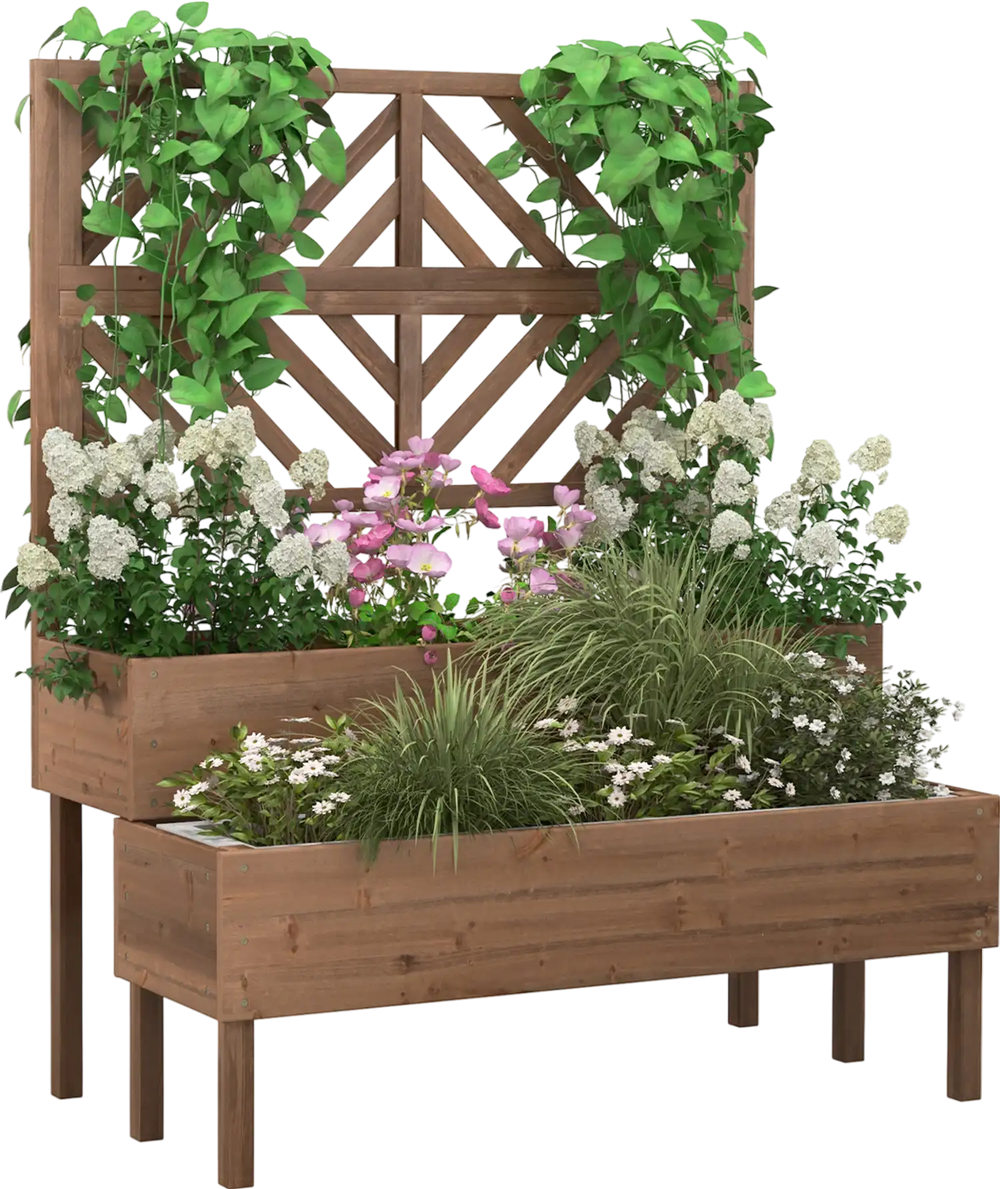 2-tier raised garden bed with trellis in brown, showcasing elegant wood grains and ample space for various plants to.