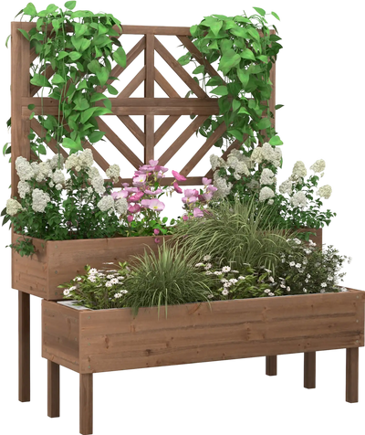 Costway 2-Tier Raised Garden Bed Wooden Elevated Planter Box with Trellis Legs 84612579 New
