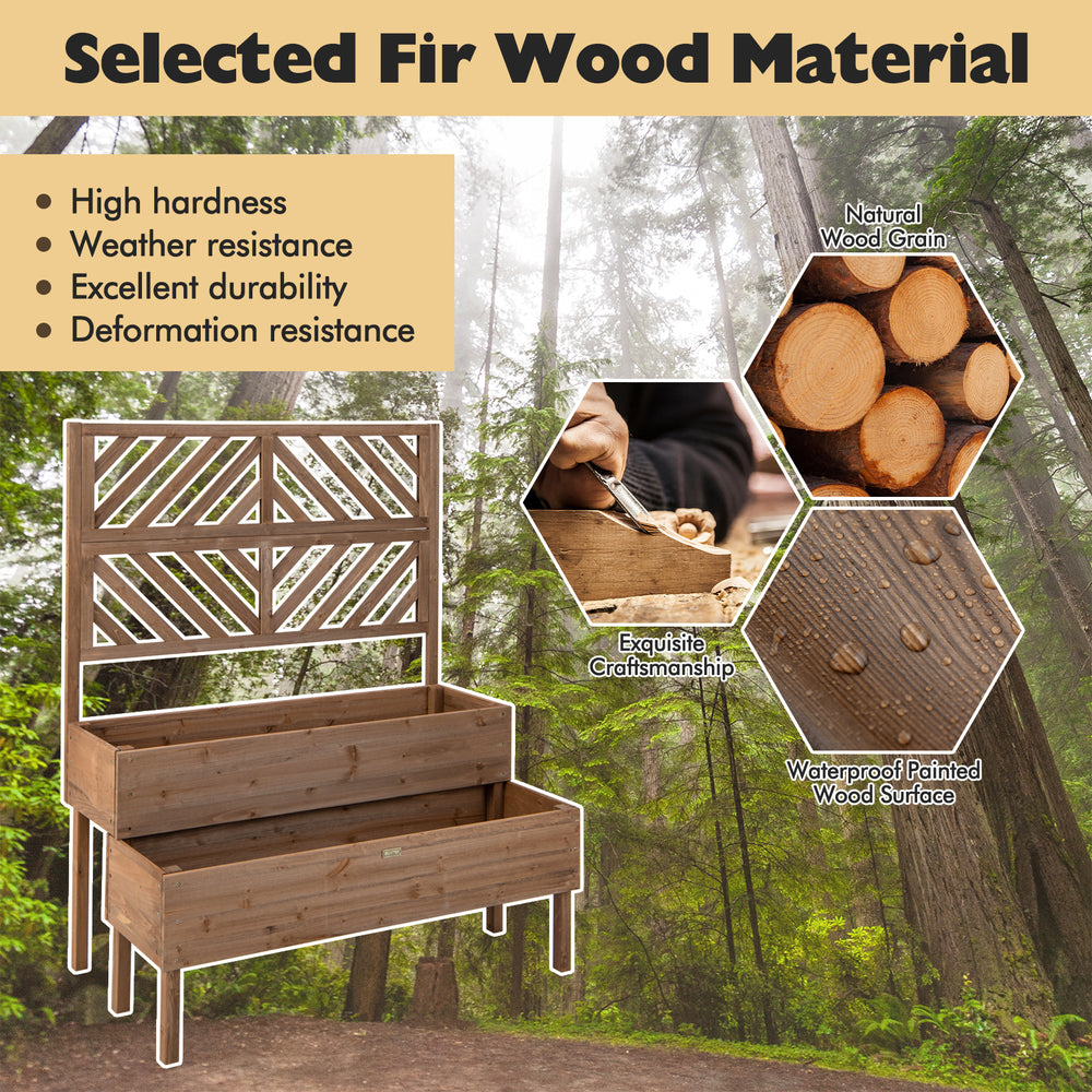 2-tier raised garden bed with trellis in brown, crafted from natural fir wood for durability and outdoor use.