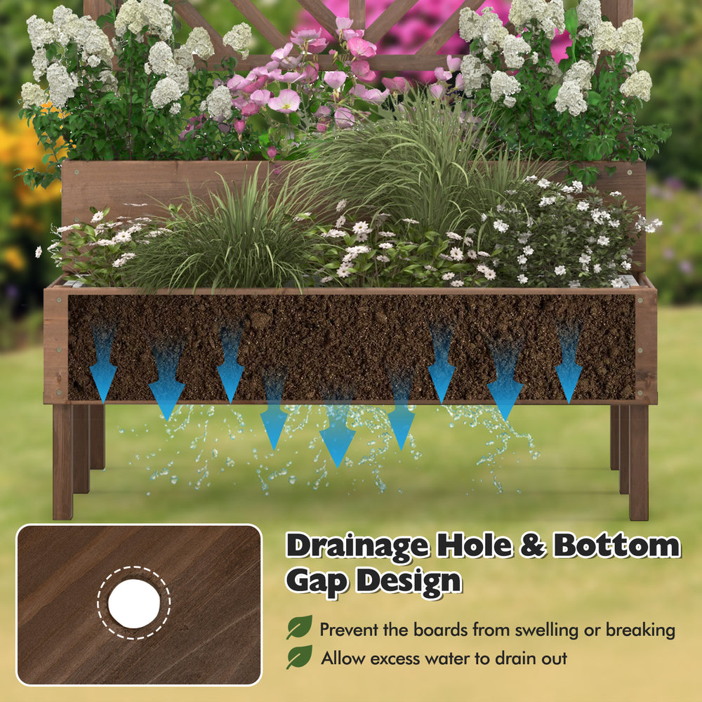 2-Tier raised garden bed with trellis in brown, featuring drainage holes for optimal water management and sturdy fir.