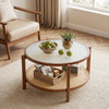 2-tier rattan coffee table with frosted tempered glass top and walnut wood legs, perfect for modern living rooms.