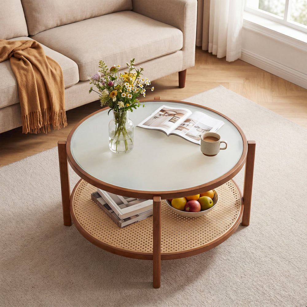 2-tier rattan coffee table with frosted tempered glass top and walnut wood legs, featuring a lower shelf for storage.