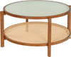 Round 2-tier rattan coffee table with frosted tempered glass top and walnut wood legs for stylish living room decor.
