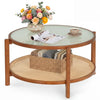 2-tier rattan coffee table with a frosted tempered glass top and walnut wood legs, showcasing a stylish lower storage.