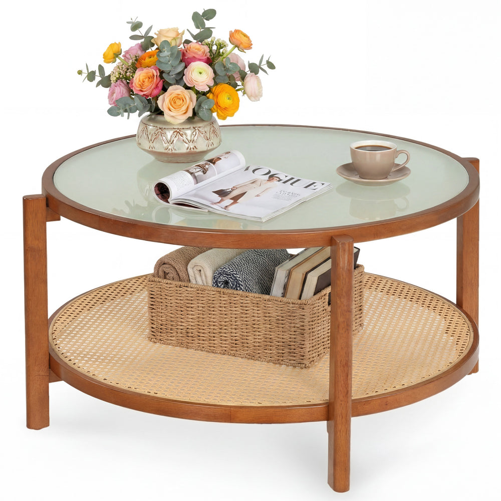 2-tier rattan coffee table with a frosted tempered glass top and walnut wood legs, showcasing a stylish lower storage.