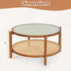 2-tier rattan coffee table with frosted tempered glass top, walnut wood legs, showcasing dimensions and design details.