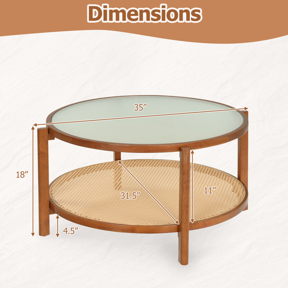 2-tier rattan coffee table with frosted tempered glass top, walnut wood legs, showcasing dimensions and design details.