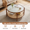 2-tier rattan coffee table with frosted tempered glass top and walnut wood legs, perfect for stylish living room decor.