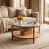 2-tier rattan coffee table featuring a frosted tempered glass top and walnut wood legs, ideal for cozy living room.