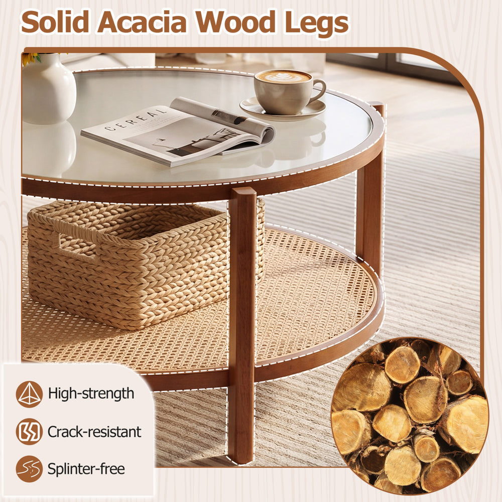 2-tier rattan coffee table with frosted tempered glass top and solid acacia wood legs, perfect for living room decor.