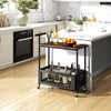 2-tier rolling end table in rustic brown with handle, mesh basket, and wheels for easy movement and versatile storage.