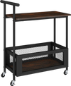 2-tier rolling end table in rustic brown with handle, mesh basket, and sturdy frame for versatile storage and easy.