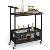 2-tier rolling end table in rustic brown with handle, mesh basket, and smooth-rolling casters for versatile storage.