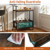 2-tier rolling end table in rustic brown with guardrails and mesh basket, ideal for storage and easy movement.