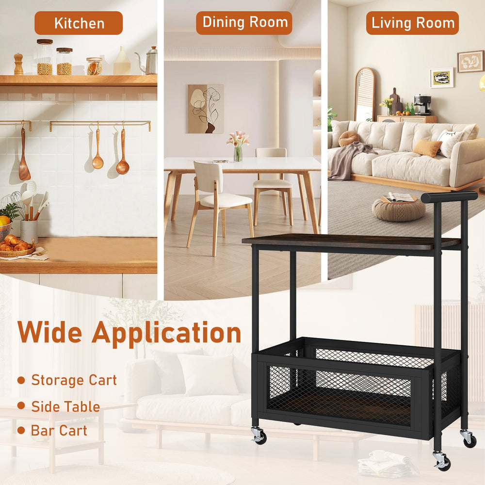 2-tier rolling end table in rustic brown with handle and mesh basket, ideal for storage in kitchen or living room.