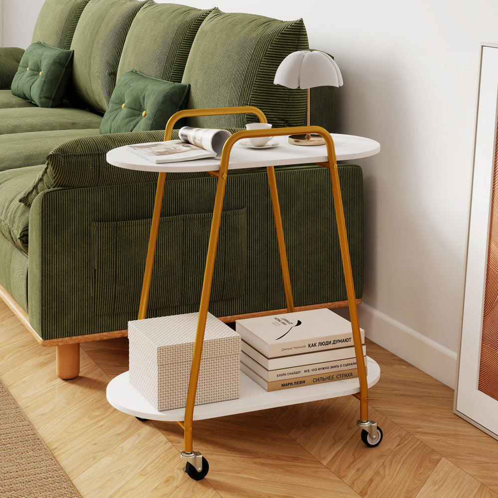 2-tier rolling end table with faux marble surfaces and metal frame, ideal for small spaces and easy mobility in any room.