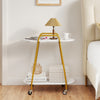 Stylish 2-tier rolling end table with faux marble surfaces and a yellow metal frame, perfect for bedside or living room use.
