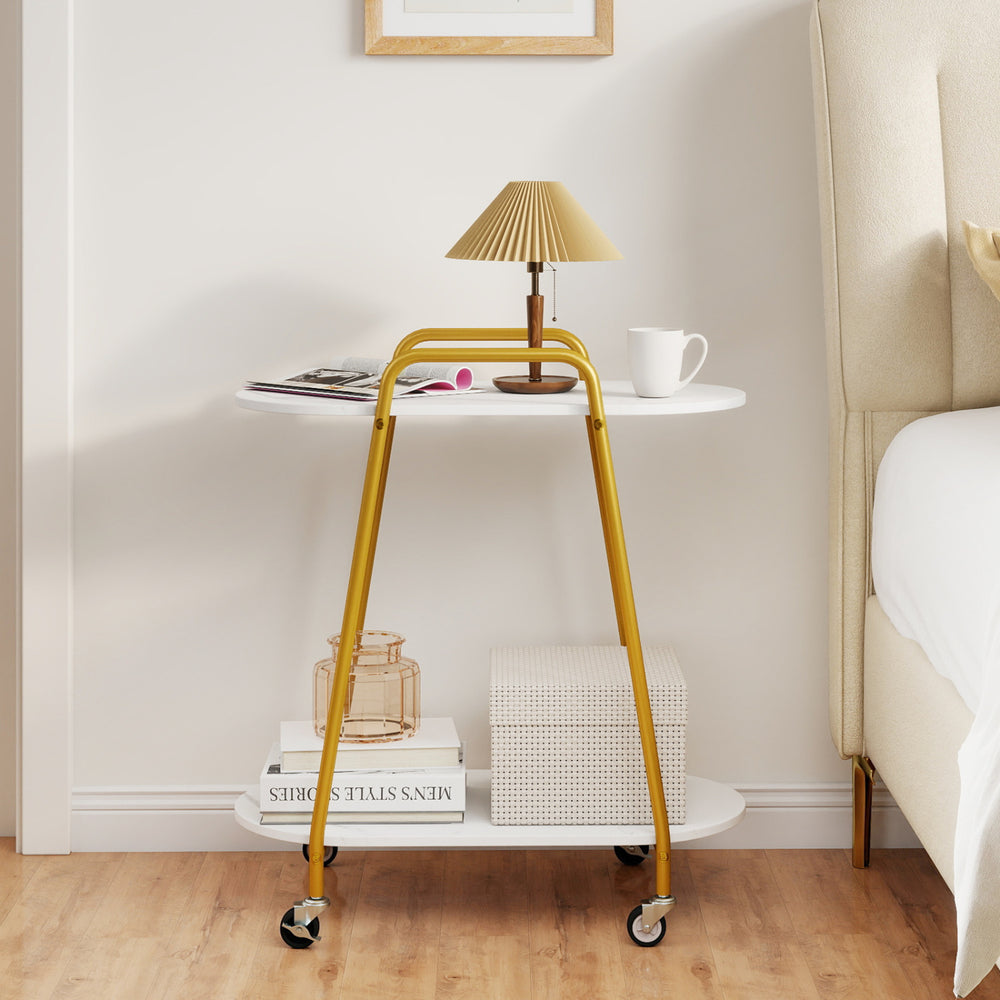 Stylish 2-tier rolling end table with faux marble surfaces and a yellow metal frame, perfect for bedside or living room use.