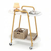 2-tier rolling end table with faux marble surfaces, yellow metal frame, and wheels for easy mobility in small spaces.