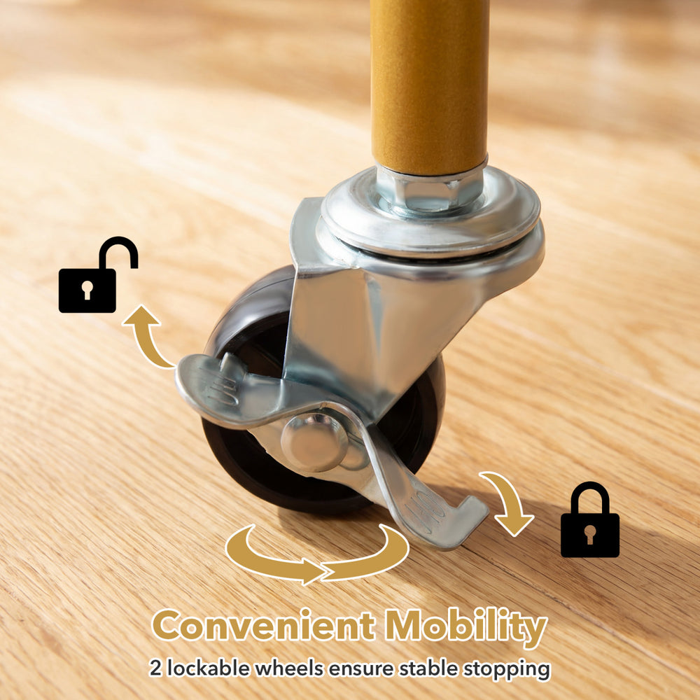 Close-up of a lockable wheel on the 2-tier rolling end table with faux marble surfaces for convenient mobility.