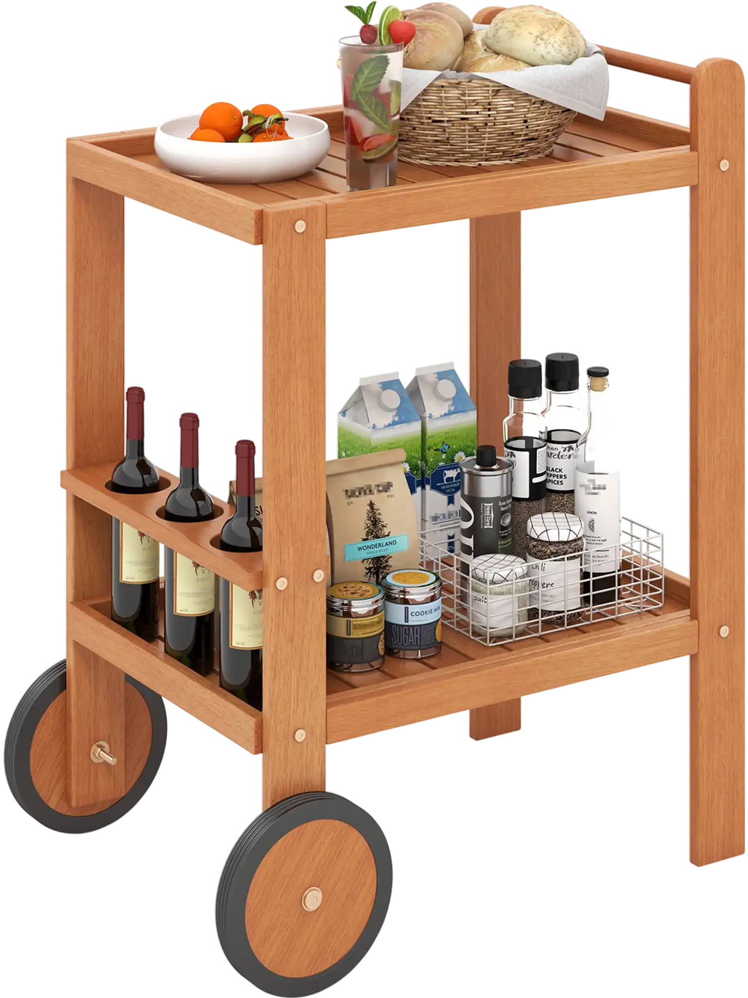 Costway 2-Tier Rolling Serving Cart Wine Bottle Holders 89360514 New