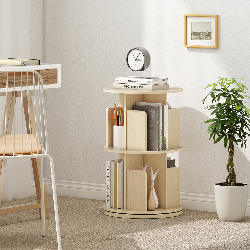 2-tier rotating bookshelf in natural wood with dividers and anti-falling baffles, perfect for organized storage.