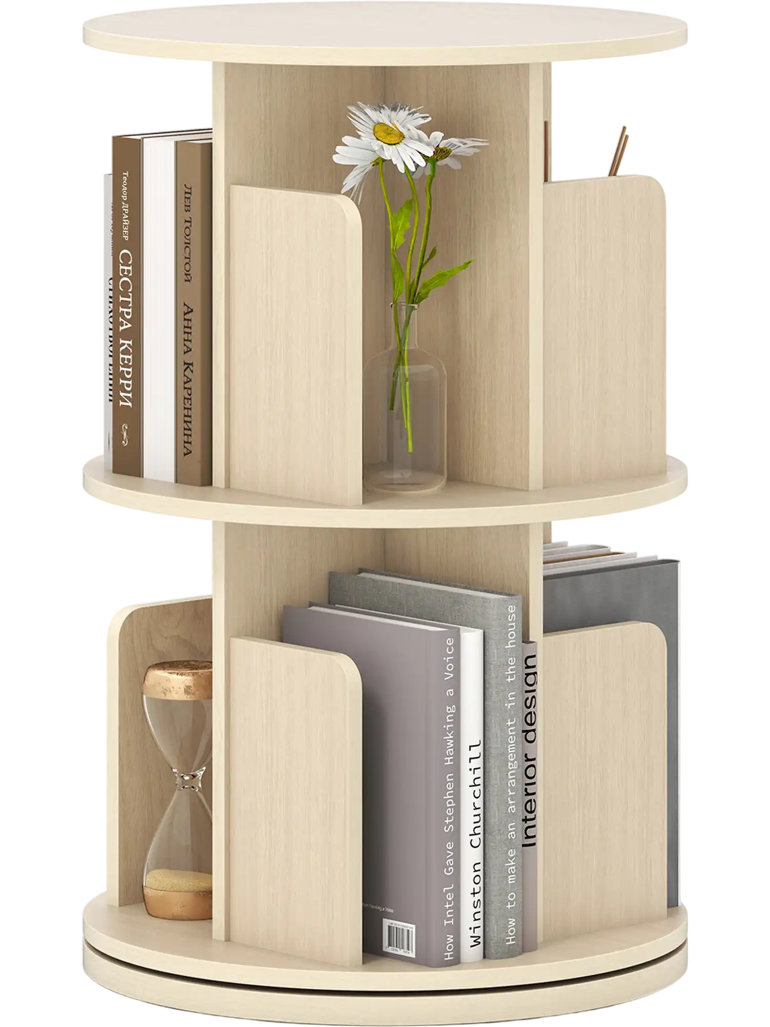 Costway 2-Tier Rotating Bookshelf with Dividers and Anti-Falling Baffles 13424916 New