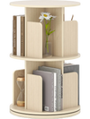 2-tier rotating bookshelf in natural finish with dividers and anti-falling baffles for organized storage and easy.
