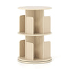Natural 2-tier rotating bookshelf with open shelves and rounded dividers, designed for versatile storage and display.