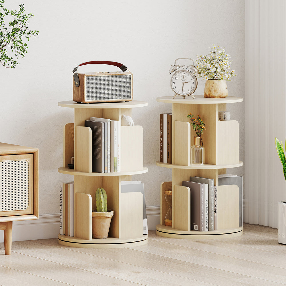 Natural 2-tier rotating bookshelf with open shelves and rounded baffles, ideal for displaying books and decorative.