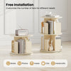 2-tier rotating bookshelf in natural finish with dividers for books, photos, and vases, featuring a 360° swivel design.