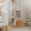 2-tier rotating bookshelf tower in oak showcases a 360° design with rounded edges for safe use and easy access to books.