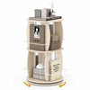 2-tier rotating bookshelf tower in oak features an open shelf design for displaying books, photos, and decorative items.