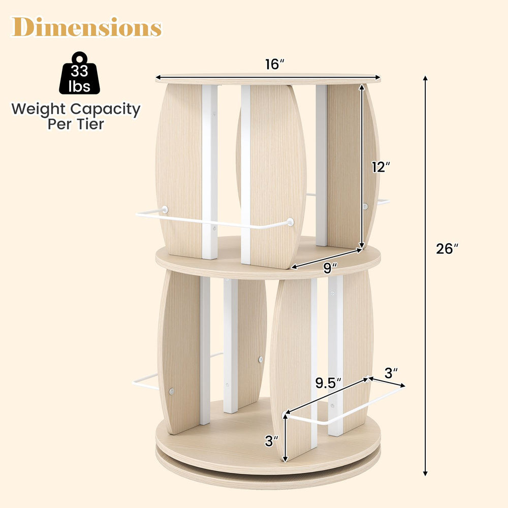 2-tier rotating bookshelf tower in oak with anti-fall rails, ideal for displaying books and decorations in small spaces.