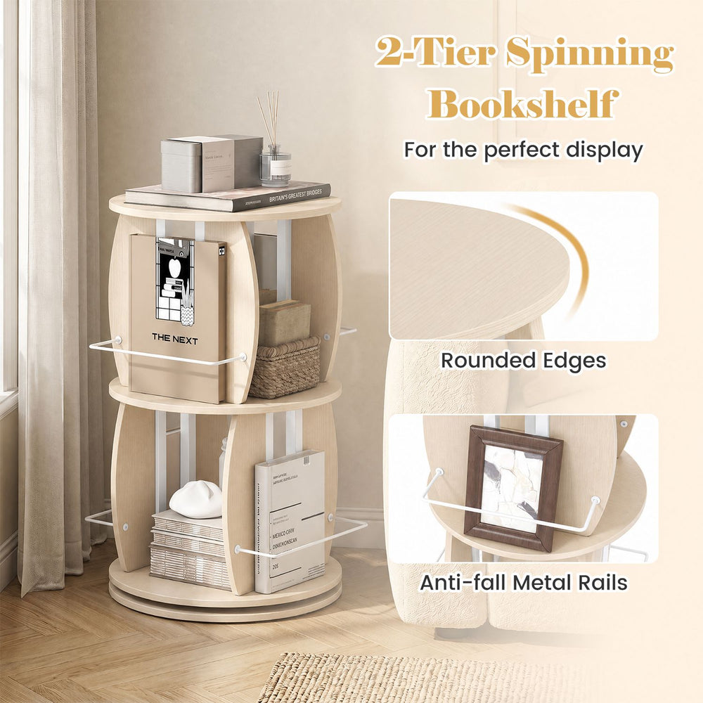 2-tier rotating bookshelf in oak features anti-fall metal rails and rounded edges, perfect for displaying books and decor.