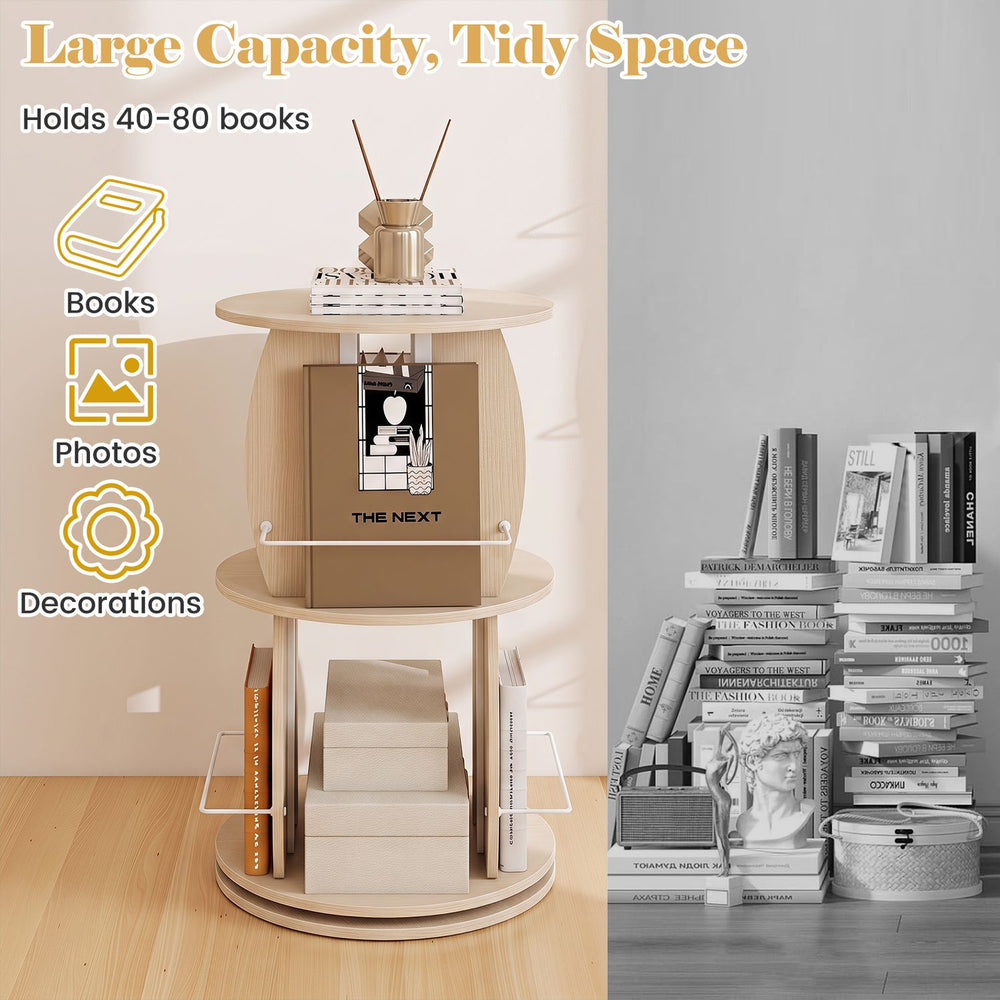 2-tier rotating bookshelf tower in oak holds 40-80 books with anti-fall rails, perfect for displaying photos and decorations.