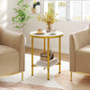 Round coffee table with faux marble top and golden metal frame, featuring a storage shelf for living room or bedroom.